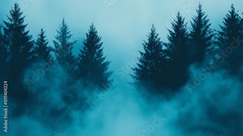 A dense fog rolling through a dark pine forest