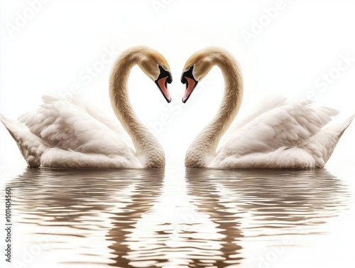 A pair of swans forming a heart shape with their necks while floating together on a calm pond Isolated on a white background with soft ripples on the waters surface photo