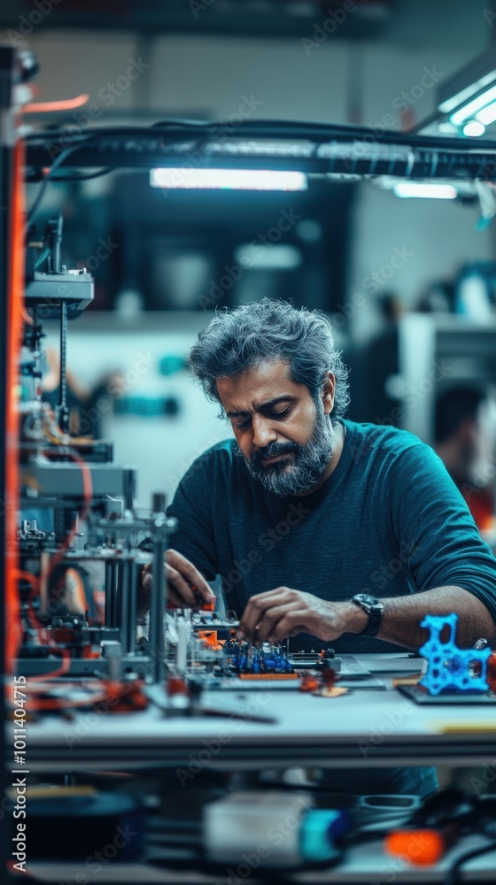 Middle-aged Asian man working intently on mechanical device, surrounded by wires and tools in laboratory. Middle-aged Asian man working intently on mechanical device, surrounded by wires and tools in laboratory.
