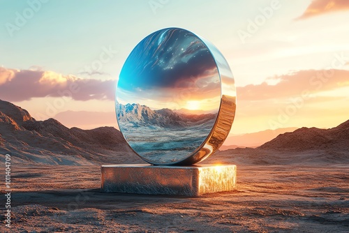 Futuristic mirrored sculpture reflecting desert landscape at sunset, blending art and nature with surreal beauty.