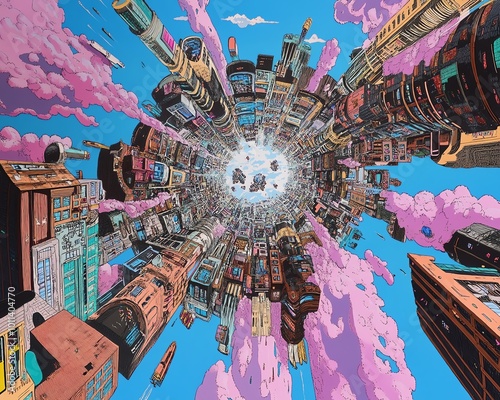 Worms-eye perspective of a bustling fantasy cityscape, modern novel characters exploring, vivid colors and details photo