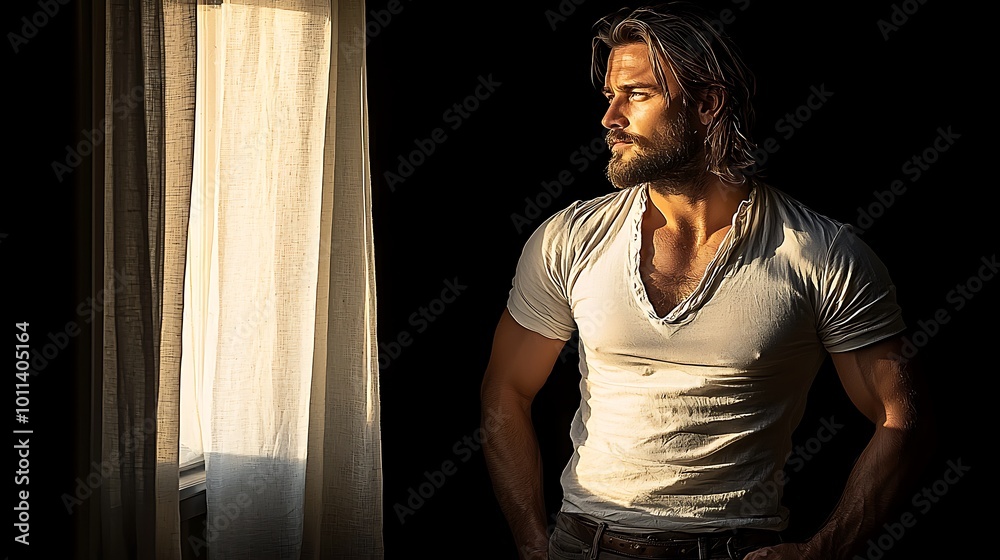 An artistic portrait of a man standing by a window, looking out with a contemplative expression, reflecting on life’s simple pleasures, with sunlight illuminating his face, creating a contrast An artistic portrait of a man standing by a window, looking out with a contemplative expression, reflecting on life’s simple pleasures, with sunlight illuminating his face, creating a contrast