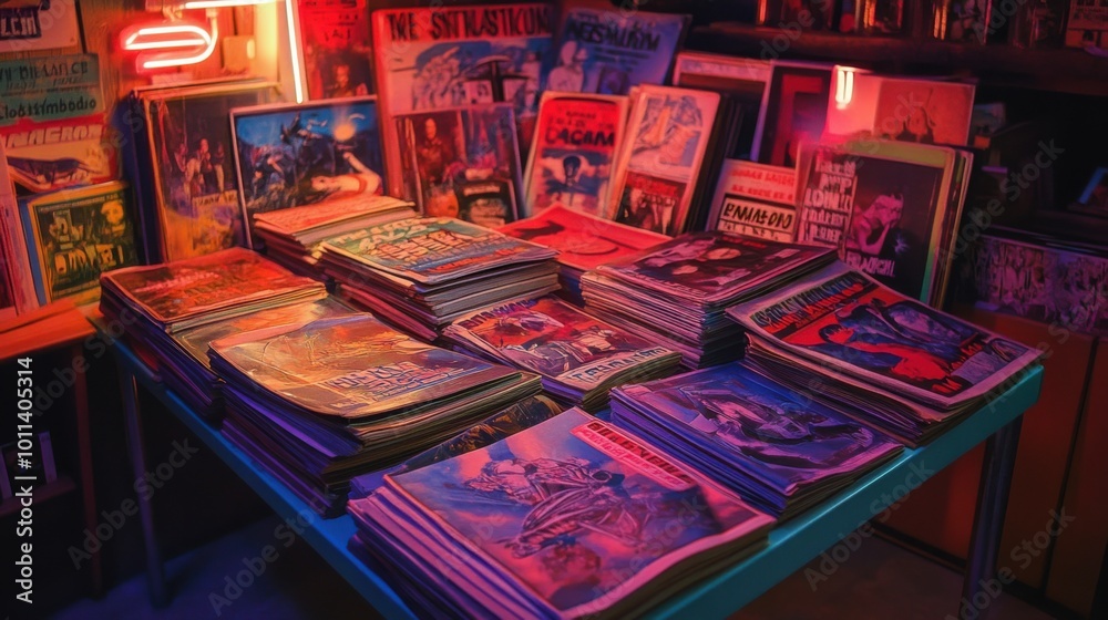 Artistic shot of a rare collection of 1950s sci-fi pulp magazines, arranged on a retro coffee table with neon lighting. Artistic shot of a rare collection of 1950s sci-fi pulp magazines, arranged on a retro coffee table with neon lighting.