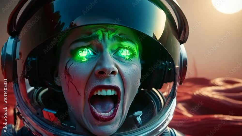 Screaming female astronaut with glowing green eyes in a spacesuit helmet, on an alien planet with a distressed expression as sunlight glows in the background Screaming female astronaut with glowing green eyes in a spacesuit helmet, on an alien planet with a distressed expression as sunlight glows in the background