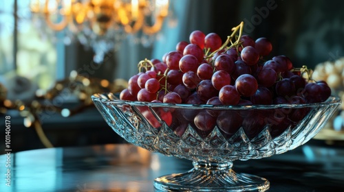 Grapes in a glass bowl, placed on a luxurious dining table with chandeliers in the background photo