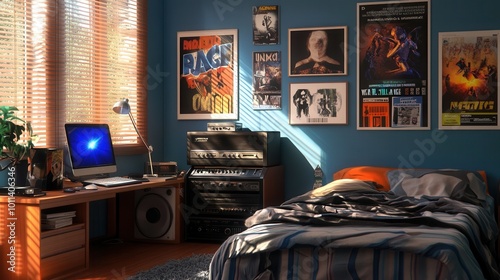 A 2000s teenager's bedroom with posters of famous bands, a CD player, and a desktop computer