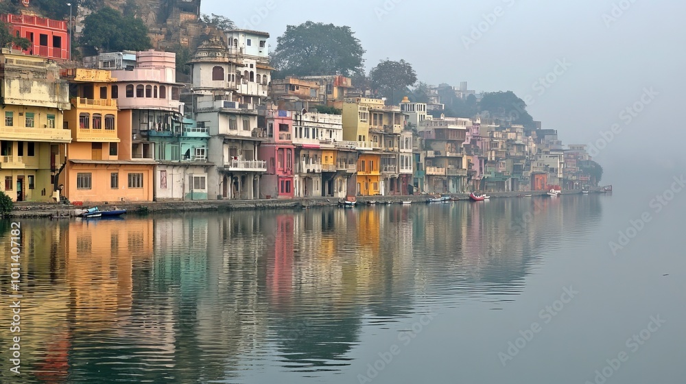 Colorful Buildings Reflected in Still Water, Scenic India, Cultural Elegance, Misty Morning Colorful Buildings Reflected in Still Water, Scenic India, Cultural Elegance, Misty Morning
