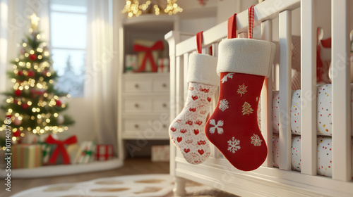 Festive Christmas stockings hang on cozy nursery crib, surrounded by beautifully decorated tree and wrapped gifts