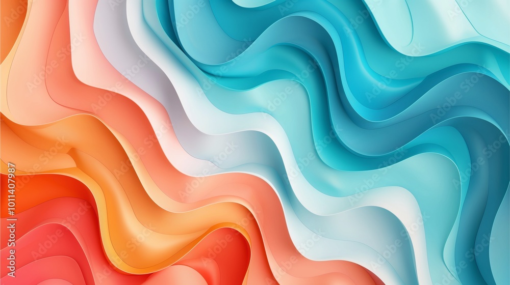 This image showcases a mesmerizing abstract design featuring smooth, flowing waves in vibrant hues of orange, blue, and white, evoking a sense of fluidity and harmony.