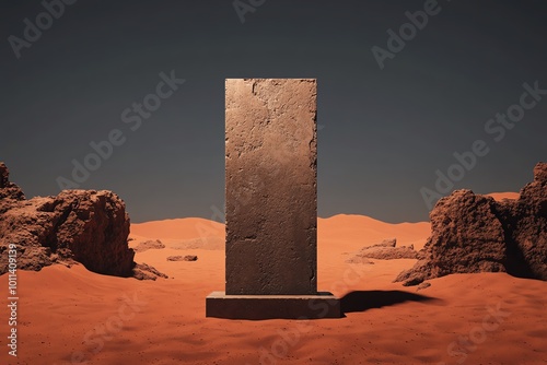 Mysterious stone monolith in a desolate desert landscape under a clear blue sky, surrounded by red sand and rocky formations.