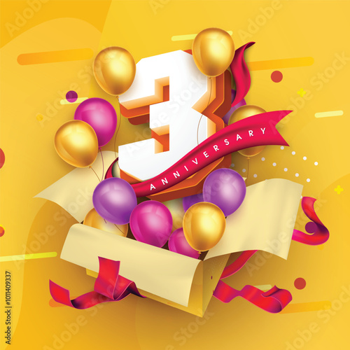3 anniversary logo template on a gift box with a yellow background and balloons. 3rd anniversary celebration featuring a red ribbon and balloons. Gift box concept for an anniversary invitation card.