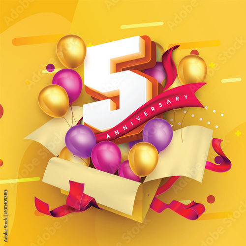5 anniversary logo template on a gift box with a yellow background and balloons. 5th anniversary celebration featuring a red ribbon and balloons. Gift box concept for an anniversary invitation card.