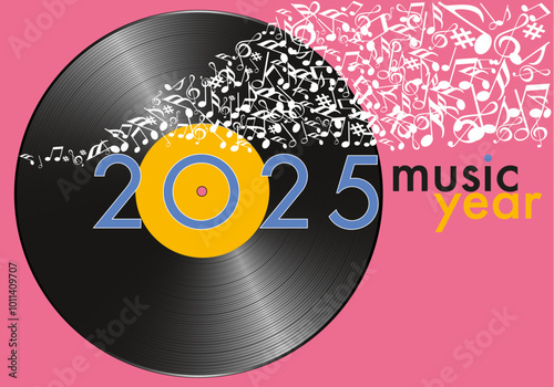 Carte de vœux pour l’année 2025 sur le concept de la musique, avec pour symbole un disque vinyle et une banderole de note qui s’envolent.