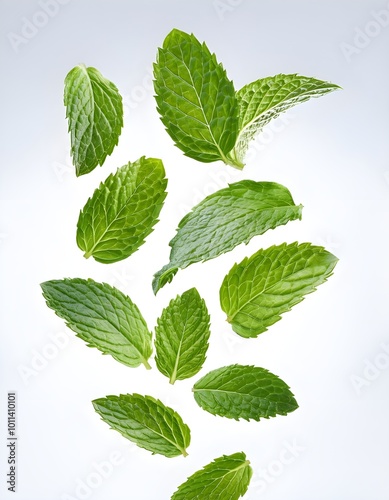 Fresh spearmint leaves falling gracefully, isolated on a clean white background, perfect for culinary, wellness, or natural product designs.