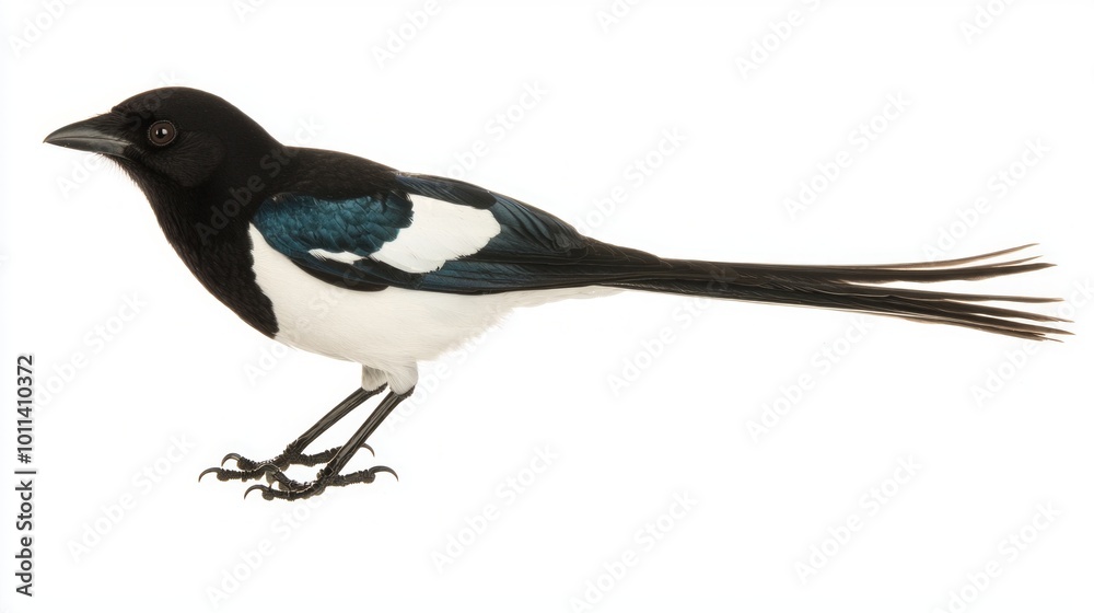 black-billed magpie stands proudly, showcasing its eye-catching black-and-white feathers and long tail against a clean white backdrop, embodying the elegance of nature.