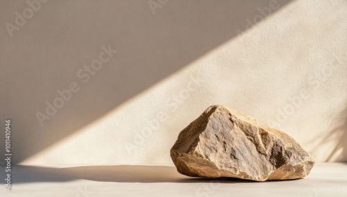 A large rock rests on a minimalist surface with soft lighting.