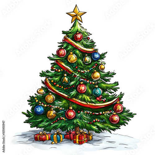 Charming hand-drawn Christmas tree decorated with colorful ornaments