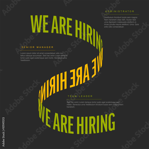 Modern we are hiring poster with green yellow letters on dark background with three free positions descriptions. Multipurpose Join our team banner flyer template