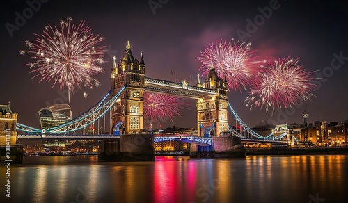 A beautiful photograph of the Tower Bridge in London, with fireworks lighting up the night sky above it