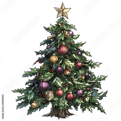 Charming hand-drawn Christmas tree decorated with colorful ornaments