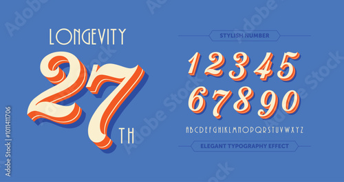 Longevity 27: A bold, script-style number design with a striking green theme. Perfect for custom sports jerseys or racing numbers. Set on a vibrant orange-red background. Vector illustration
