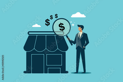 Business evaluation concept, a businessman with a magnifying glass observes the income of his shop