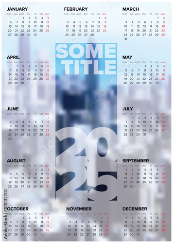 Vector white vertical calendar layout template for the year 2025 (weeks strart monday) with place for your photo. Light template with all calendar months