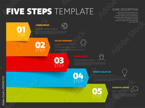 Five steps dark progress procedure infochart template with descriptions icons titles and big numbers on color arrows. Simple inographic describing some process with five steps