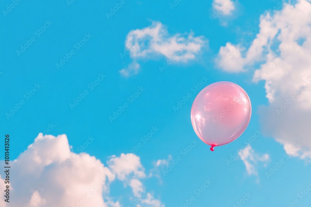 A pink balloon floats against a bright blue sky with fluffy clouds. A pink balloon floats against a bright blue sky with fluffy clouds.