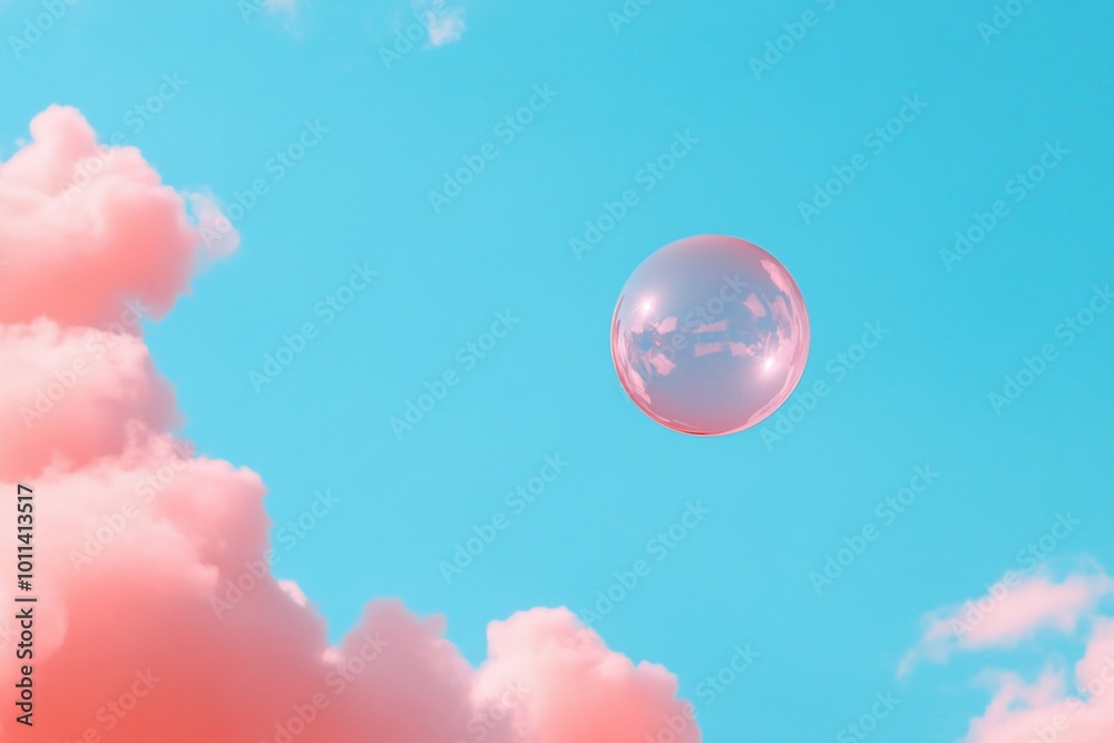 A translucent bubble floating against a bright blue sky with pink clouds. A translucent bubble floating against a bright blue sky with pink clouds.