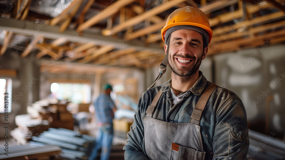 A portrait of a happy and smiling male construction worker in his thirties, wearing grey overalls with a helmet standing inside a house under workers working on a new ceiling A portrait of a happy and smiling male construction worker in his thirties, wearing grey overalls with a helmet standing inside a house under workers working on a new ceiling