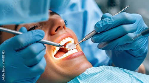 A dental professional examines a patient's teeth during an oral check-up.