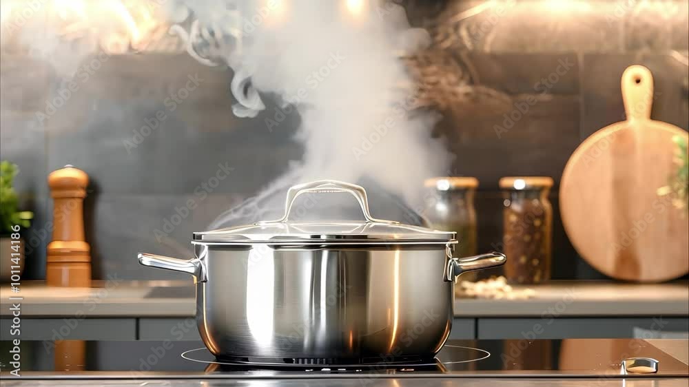 A stainless steel pot on a stovetop, emitting steam, with a modern kitchen background featuring utensils and greenery.