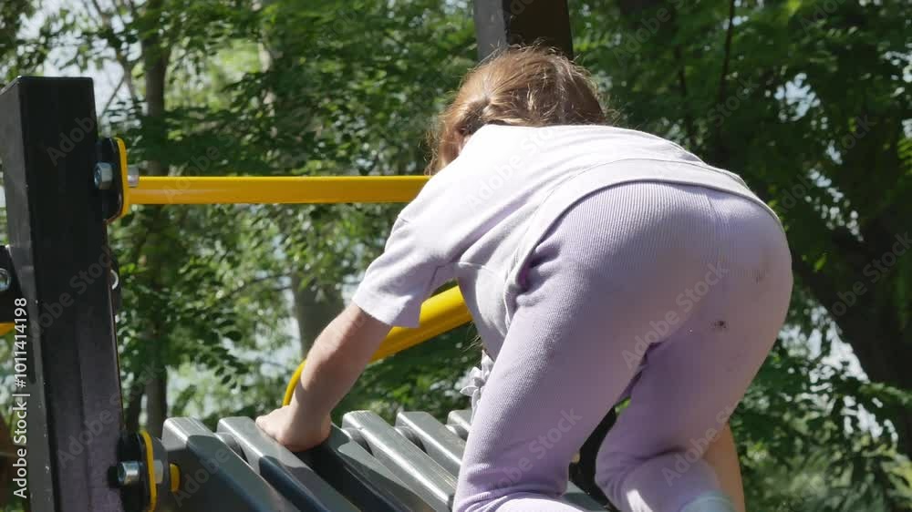 A portrait of a little girl with pigtails on a playground on the street crawls up an inclined board, overcomes an obstacle. A happy childhood. A sporty, active child. A portrait of a little girl with pigtails on a playground on the street crawls up an inclined board, overcomes an obstacle. A happy childhood. A sporty, active child.