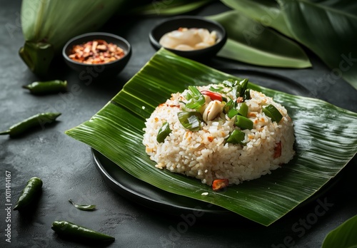 Nasi lalap with banana leaf as plate, food photography, delicious Asian Indonesian meal, crispy fried chicken with rice photo