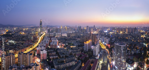 Photography Stunning Cityscape Panorama at Sunset, Illuminated Skyline with Urban Architectu