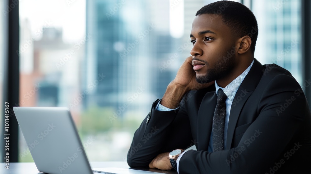 Pensive Businessman Contemplating Work Challenges, Corporate Office Setting, Strategic Thinking Pensive Businessman Contemplating Work Challenges, Corporate Office Setting, Strategic Thinking