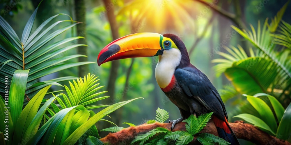 Fototapeta premium Vibrant Toucan Bird Sitting in a Lush Tropical Jungle with Colorful Exotic Plants