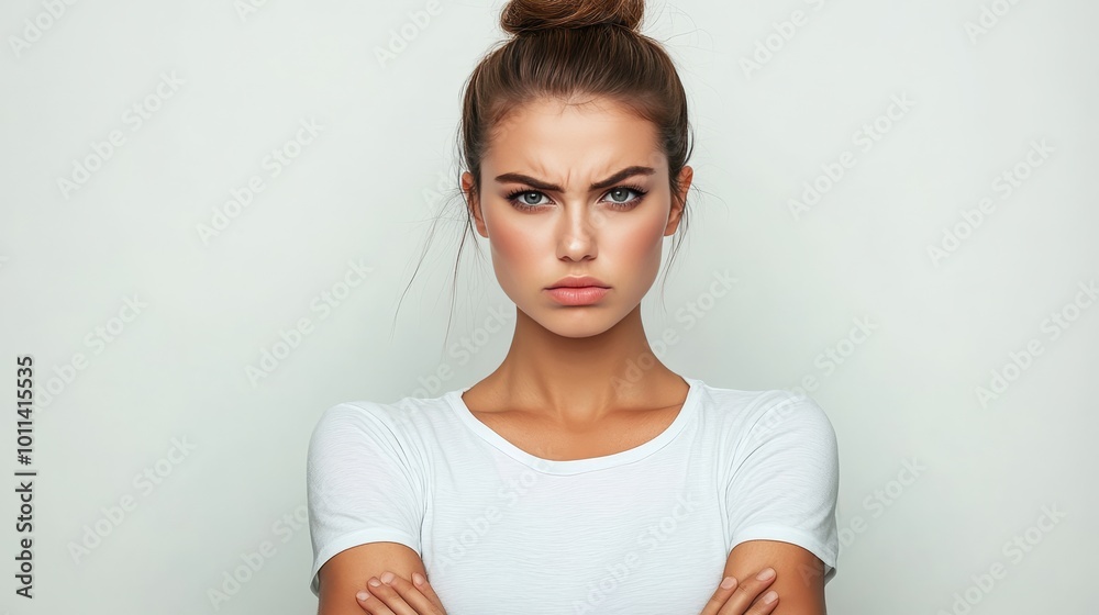 Frustrated and Angry Young Woman with Crossed Arms, Isolated Portrait on White Background Frustrated and Angry Young Woman with Crossed Arms, Isolated Portrait on White Background