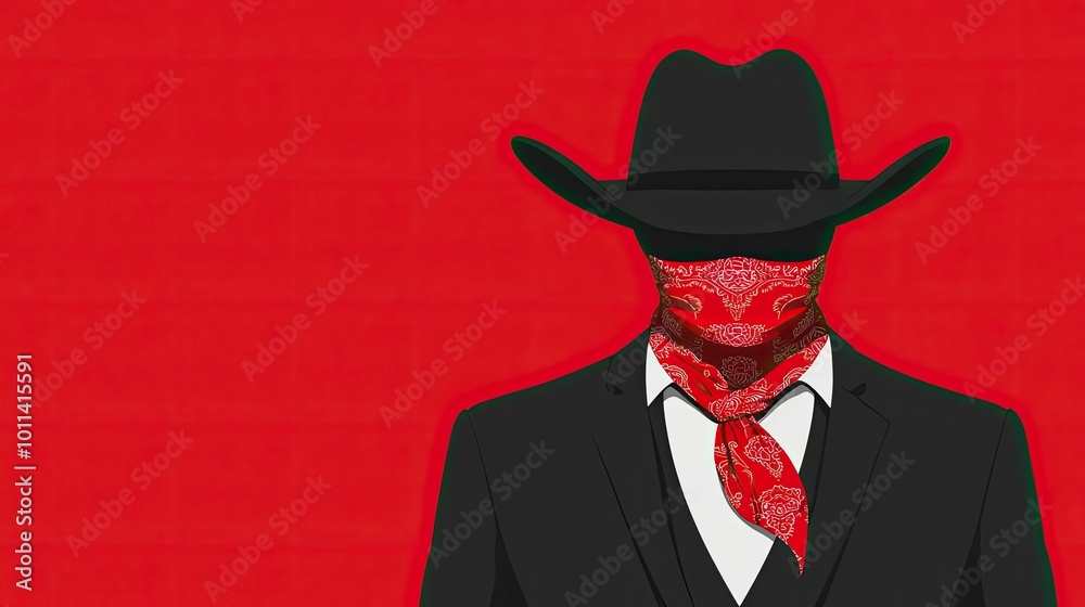 Illustration of a mysterious cowboy in a black hat and red bandana, set against a vibrant red background. Illustration of a mysterious cowboy in a black hat and red bandana, set against a vibrant red background.