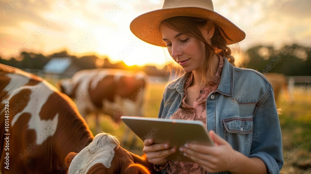 Fototapeta premium Female farmer with tablet in hand near cow on farm, working outdoors during sunset. Farming and agriculture concept