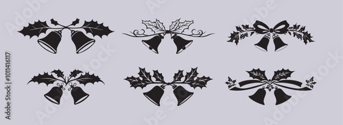 Holly leaves with Christmas bell icon or Christmas elements. Christmas bell, Christmas bells, symbol, icon