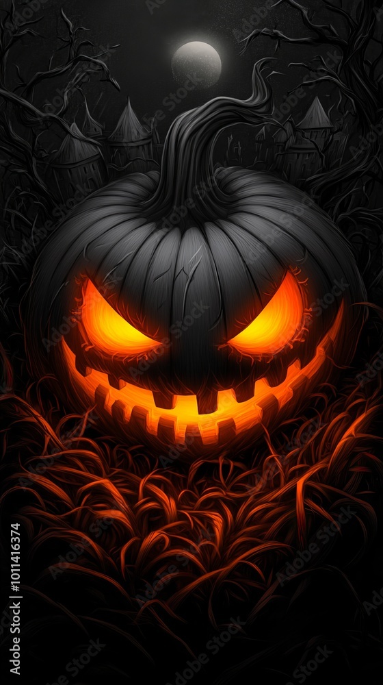 Naklejka premium A menacing jack-o-lantern with glowing eyes stares out from the darkness.