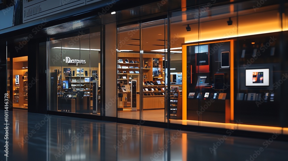 Night view of a luxury boutique storefront, illuminated by soft ambient lights, stylish mannequins in the windows, reflection of lights on the glass facade, few pedestrians Night view of a luxury boutique storefront, illuminated by soft ambient lights, stylish mannequins in the windows, reflection of lights on the glass facade, few pedestrians