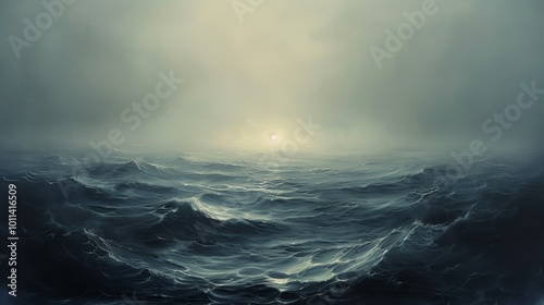 vintage oil painting of the ocean, dark grey and light grey tones, minimalist, calm waves, foggy background