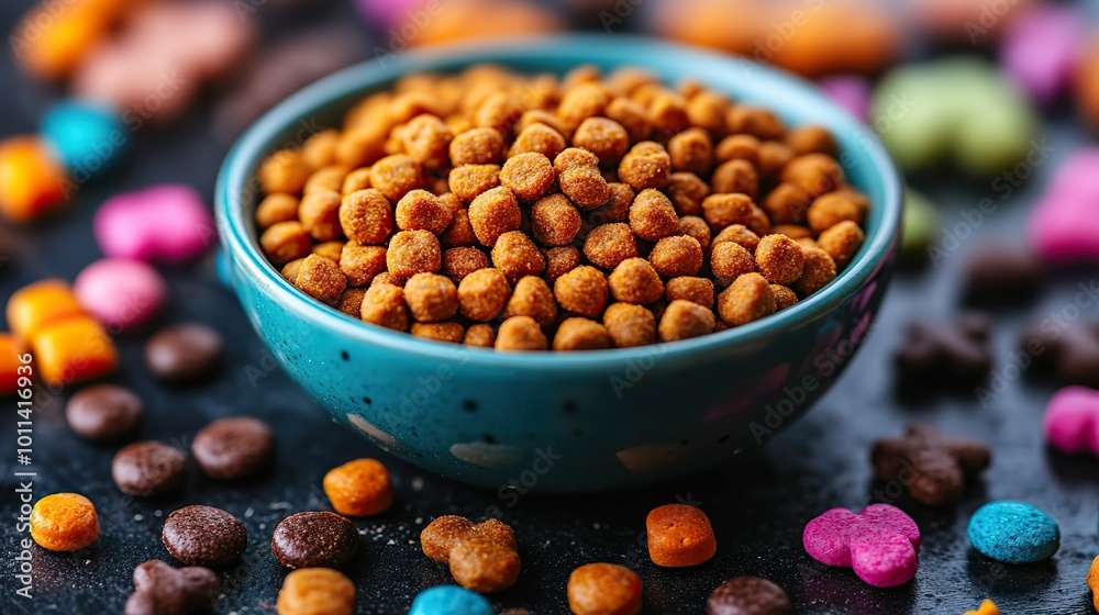 a bowl of dry pet food surrounded by colorful pet treats representing balanced pet diet a bowl of dry pet food surrounded by colorful pet treats representing balanced pet diet