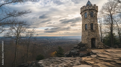 Heublein Tower in Talcott Mountain State Park captured in natural light with a wide-angle lens. Editorial style reminiscent of National Geographic. High-resolution landscape photography. photo