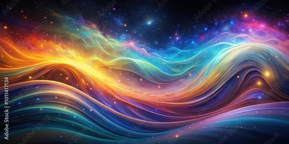 Vibrant cosmic wave abstract art with swirling patterns in dark starry background Vibrant cosmic wave abstract art with swirling patterns in dark starry background