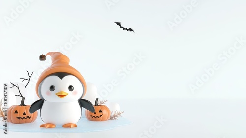 Ghost in a penguin costume in the bottom left corner, waddling on ice, with a light blue background   for winter-themed Halloween illustrations photo