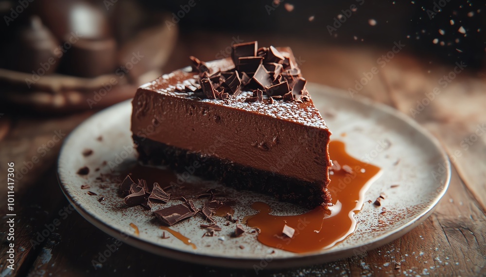 Chocolate cheesecake with caramel sauce and chocolate shavings. Chocolate cheesecake with caramel sauce and chocolate shavings.